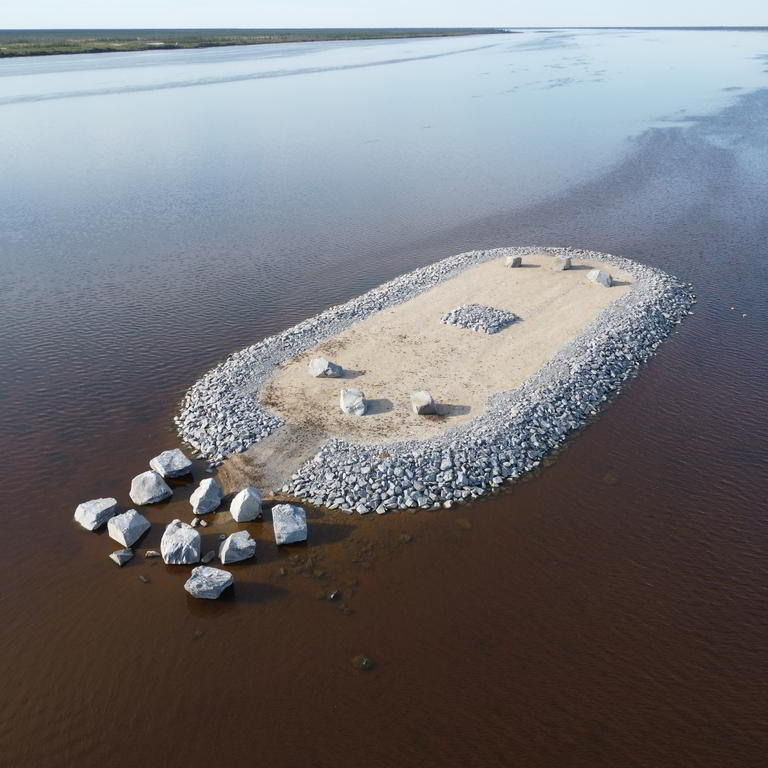 Aerial view of river island construction